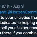 Screenshot of a Twitter post by Kate Jones FIIC with the text I don't have the access to your analytics that you will, but my outside view is currently Horizon is dedicated to helping new to IC, whereas you personally may want to sell your *experience* as a consultant. Potential for confusion/contradiction there if you combine.